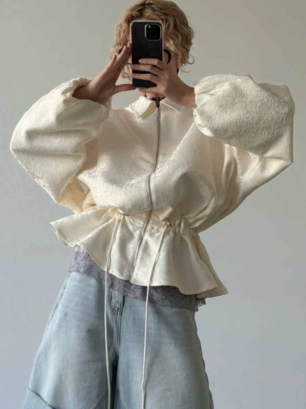Zara Apricot Jacquard Crop Jacket Puff Sleeve Drawstring Waist Cinch Loose